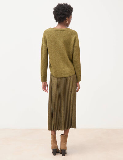 Pull droit col v manches longues vert kaki femme