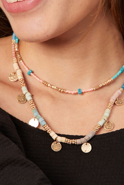 Collier 2 rangs avec perles vert pastel femme