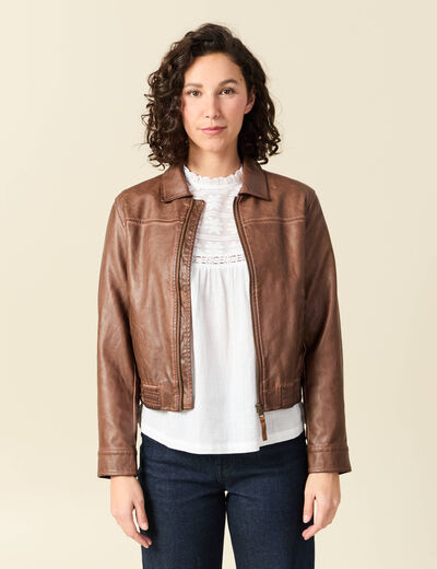 Bomber ajust&eacute; similicuir col tailleur marron femme