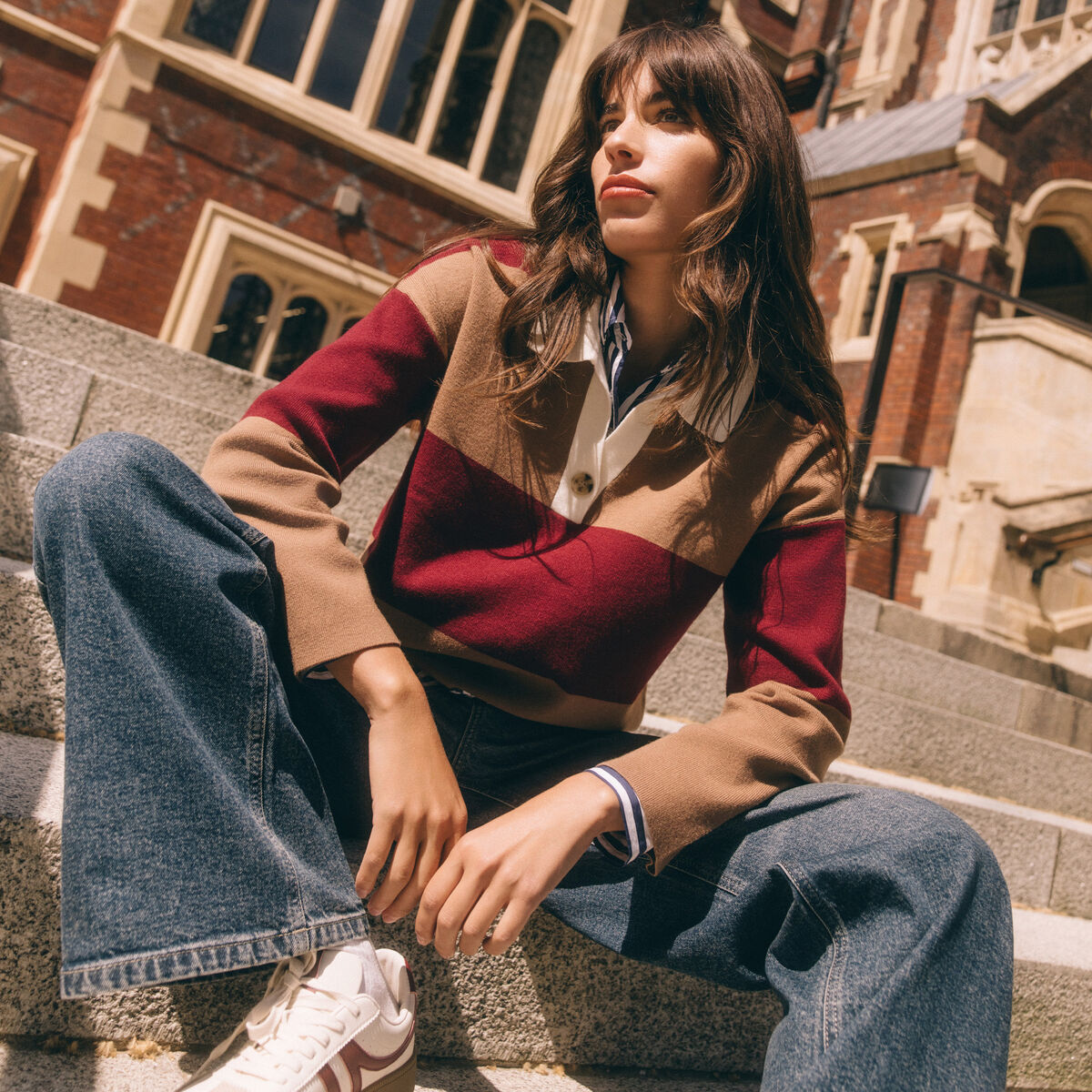 Pull manches longues col polo rouge femme