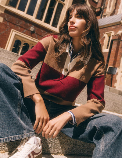 Pull manches longues col polo rouge femme