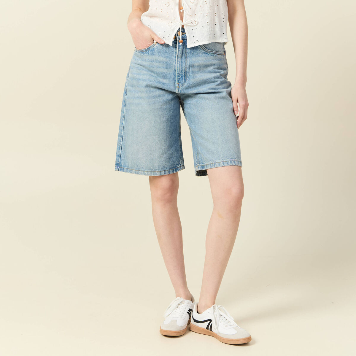 Bermuda large en jean denim used femme