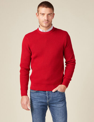 Pull manches longues col rond rouge fonc&eacute; homme