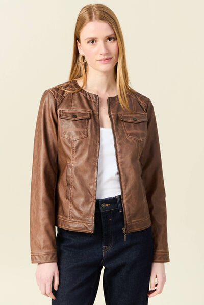 Veste cintrée zippée col rond marron femme