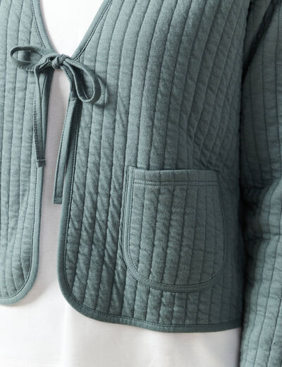 Cardigan droit court manches longues vert canard femme