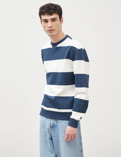 Sweat ray&eacute; col rond manches longues bleu marine homme
