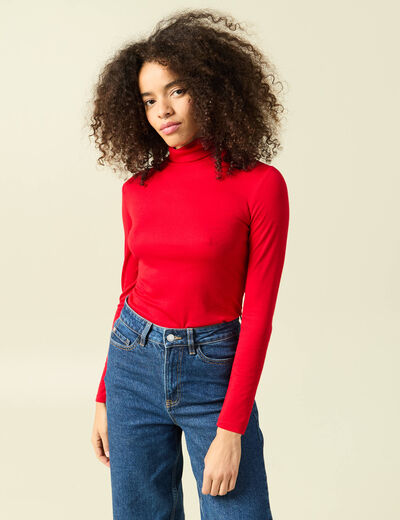 T-shirt cintr&eacute; manches longues col roul&eacute; rouge femme