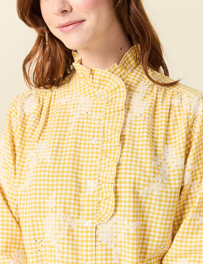 Chemise vichy manches longues en coton jaune femme