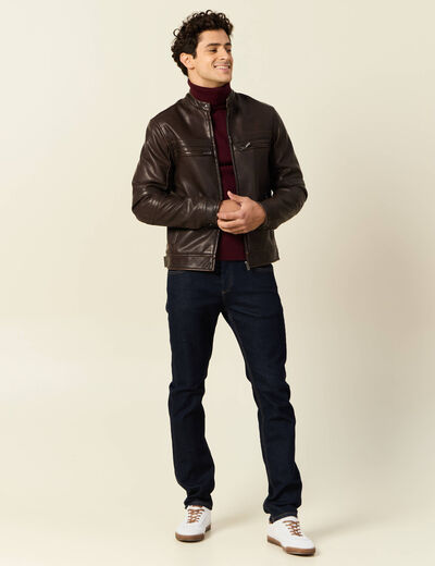 Blouson simili cuir marron foncé homme