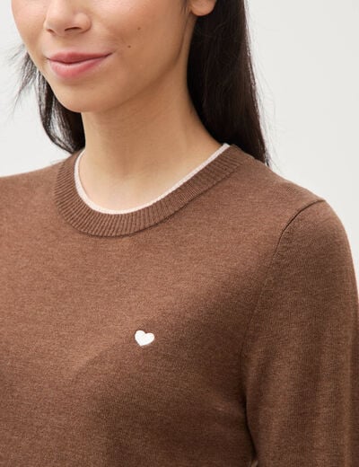 Pull fin col rond manches longues marron femme