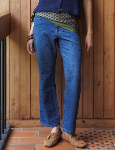 Jeans straight taille haute broderie bleu clair femme