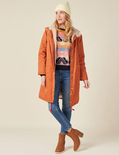 Parka droite à capuche doublée orange foncé femme