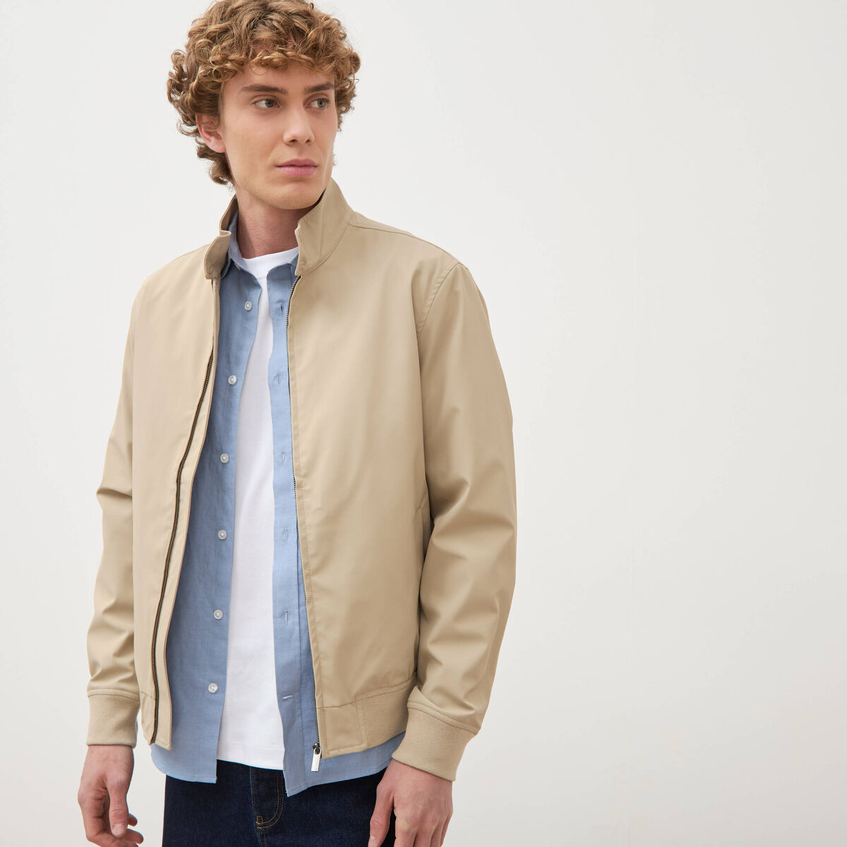 Blouson col camionneur manches longues beige homme