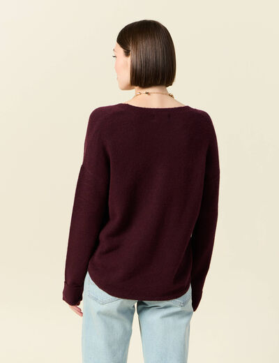 Pull manches longues col en V prune femme