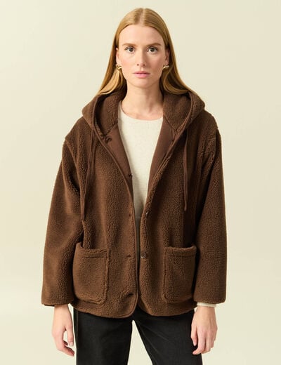 Gilet droit mi-long effet polaire marron fonc&eacute; femme
