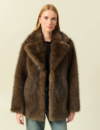 Manteau manches longues doubl&eacute; marron femme