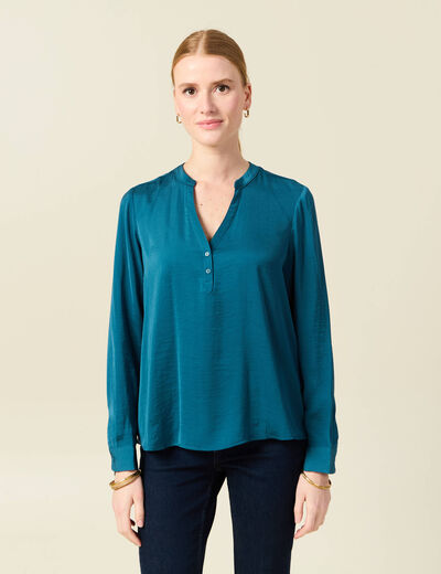 Blouse manches longues satin bleu gris femme