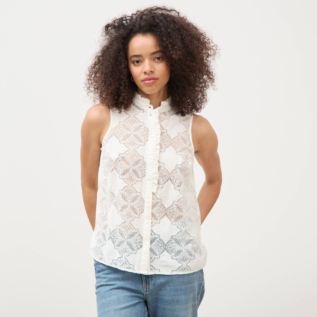 Top sans manches en dentelle col rond ecru femme