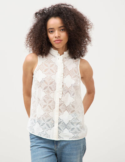 Top sans manches en dentelle col rond ecru femme