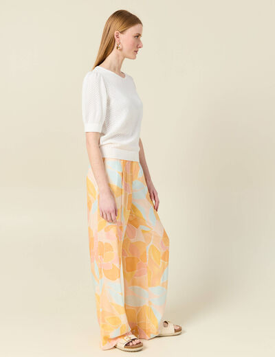 Pull manches courtes ajouré creme femme