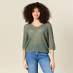 Pull col en V éco-responsable vert kaki femme