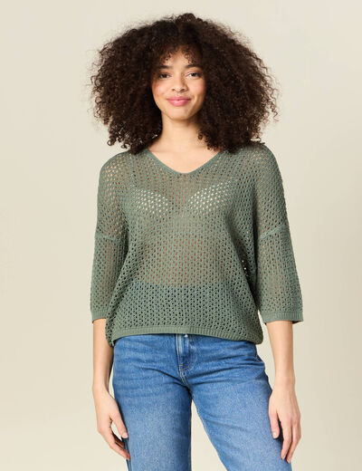 Pull col en V éco-responsable vert kaki femme