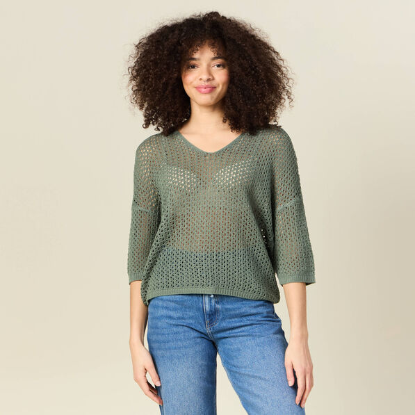 Pull col en V éco-responsable vert kaki femme