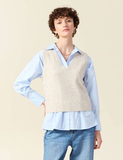 Pull sans manches col en V creme femme