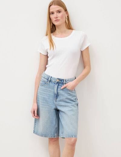 Bermuda large taille haute en coton denim used femme