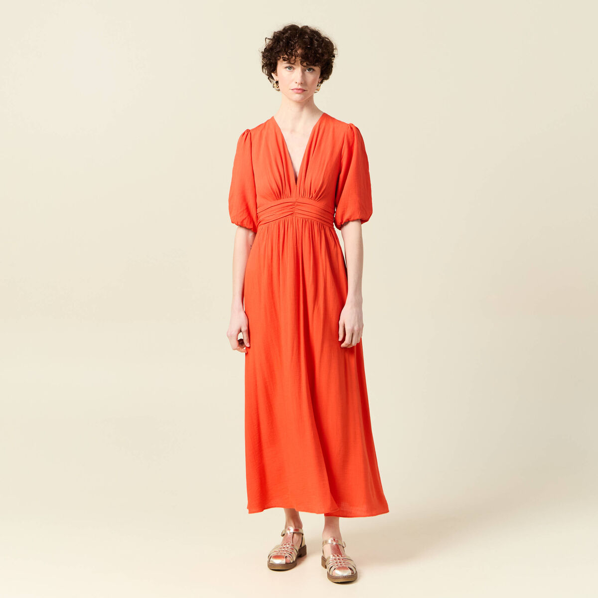 Robe longue évasée orange femme