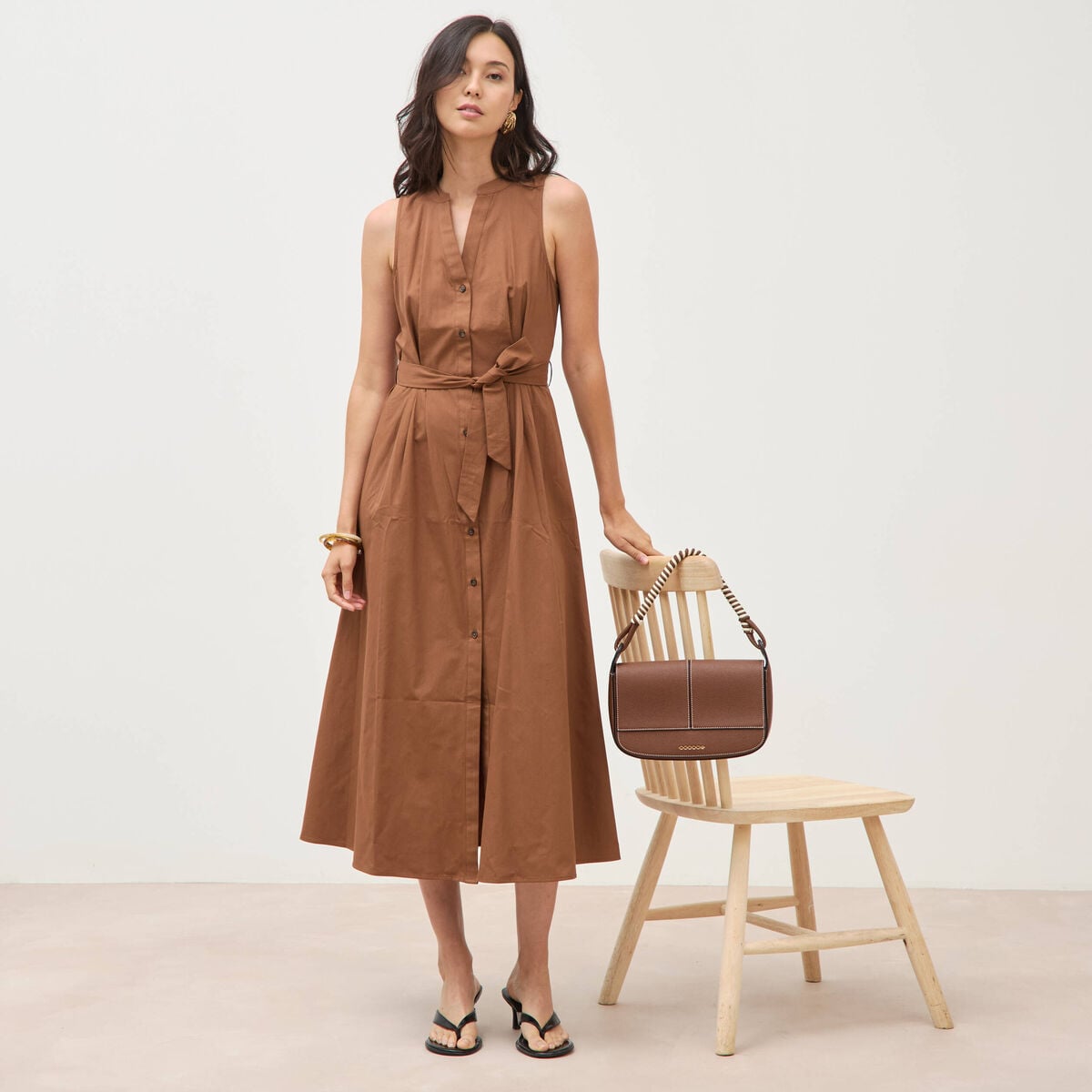 Robe en coton sans manches marron femme