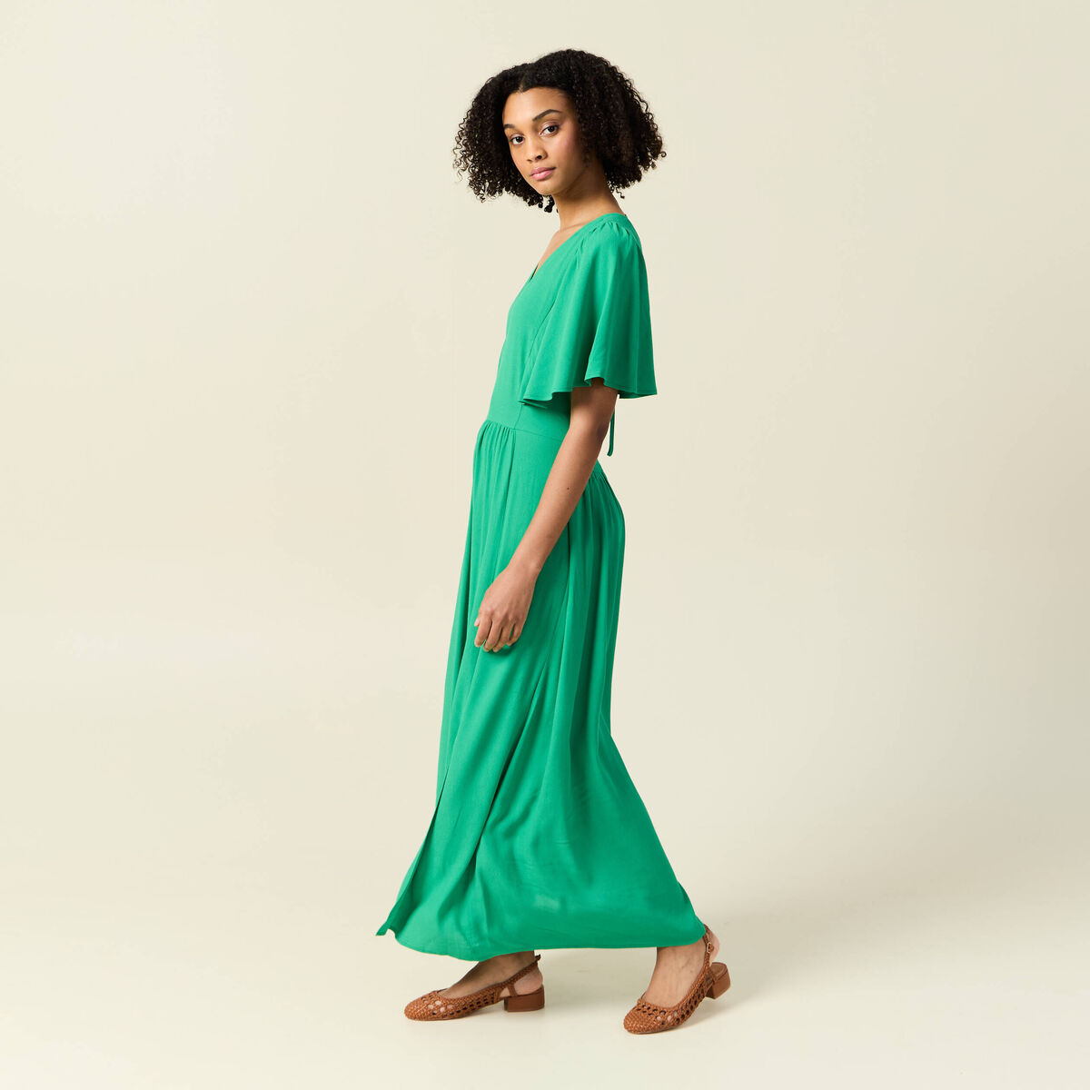 Robe longue évasée fendue vert femme