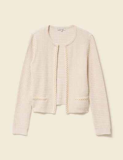 Gilet court droit manches longues creme femme