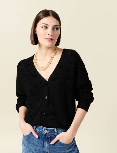 Gilet ajouré col V manches longues noir femme