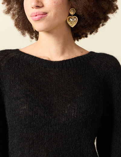 Pull manches longues col rond noir femme