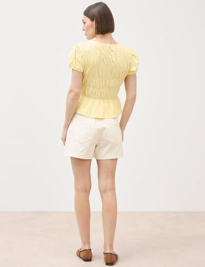 T-shirt fronc&eacute; col rond manches courtes jaune pastel femme