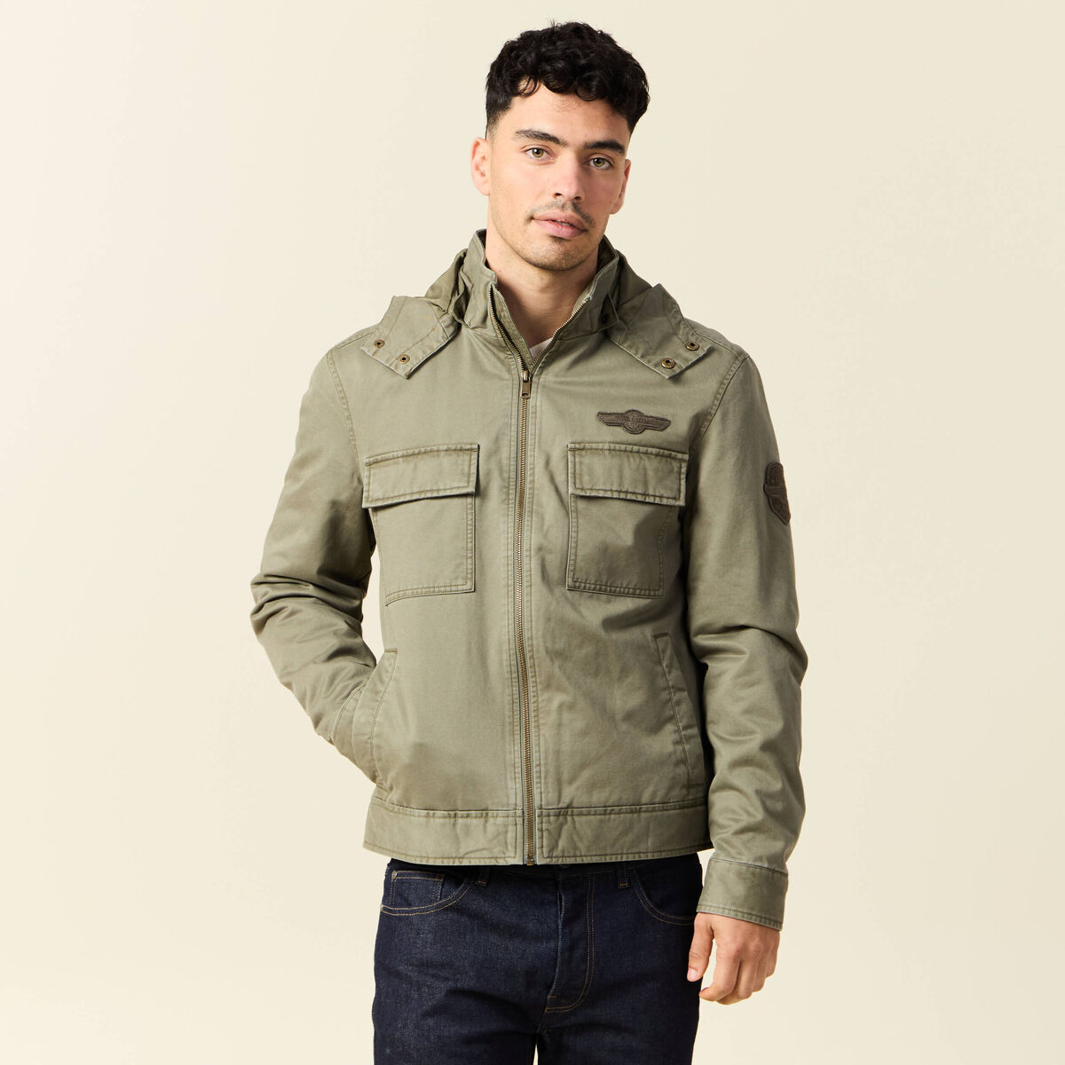 Blouson col montant à capuche vert kaki homme