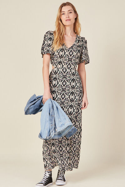 Robe longue droite ouvertures noir femme