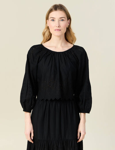 Blouse manches 3/4 brodée noir femme