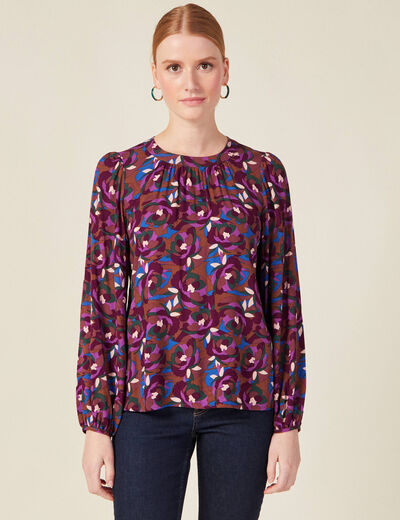 Blouse manches longues col rond marron femme