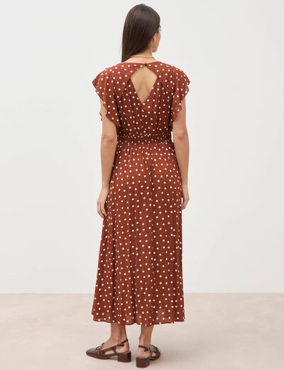 Robe longue &eacute;vas&eacute;e col v manches courtes marron cognac femme