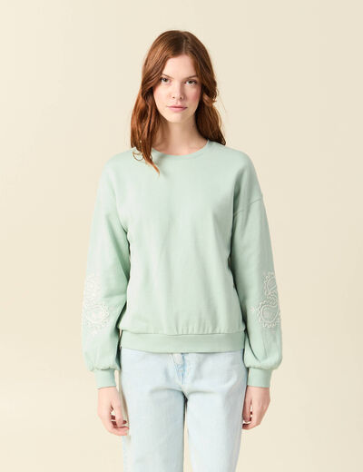 Sweat droit court col rond en coton vert pastel femme