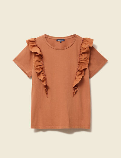 T-shirt en coton manches courtes marron cognac femme