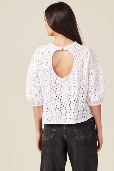 T-shirt manches 3/4 ajouré ecru femme