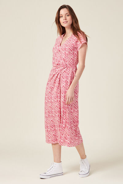 Robe midi droite drapée rose framboise femme
