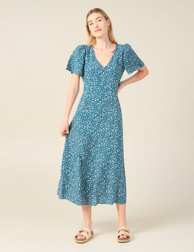 Robe longue droite col v manches courtes bleu femme