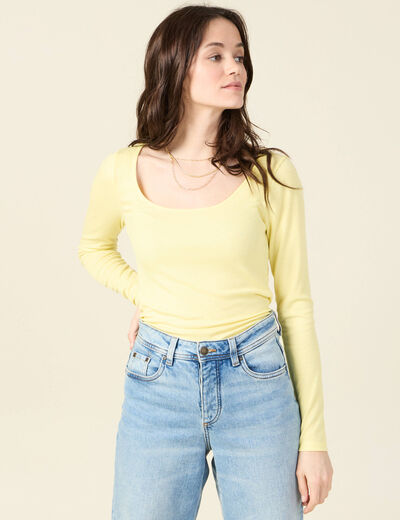 T-shirt côtelé éco-responsable jaune fluo femme