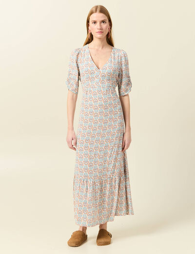 Robe longue évasée col en V blanc femme