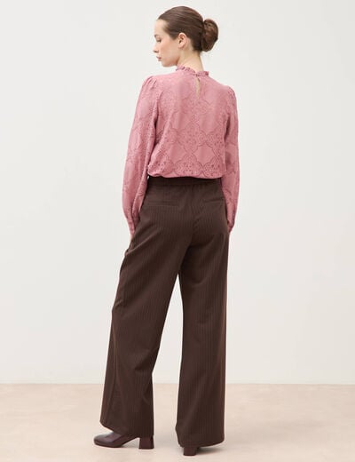 Pantalon large taille haute fluide marron fonc&eacute; femme