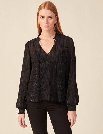 Blouse manches longues plissée noir femme